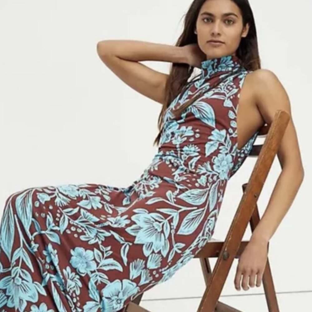 Free People Time To Shine Brown & Aqua Tropical Floral Cutout Maxi Dress